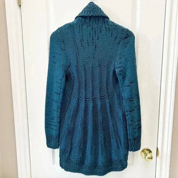 Ricki’s Circle Cardigan Open Front Draped Collar Sweater Teal Green Black Small - Picture 3 of 11